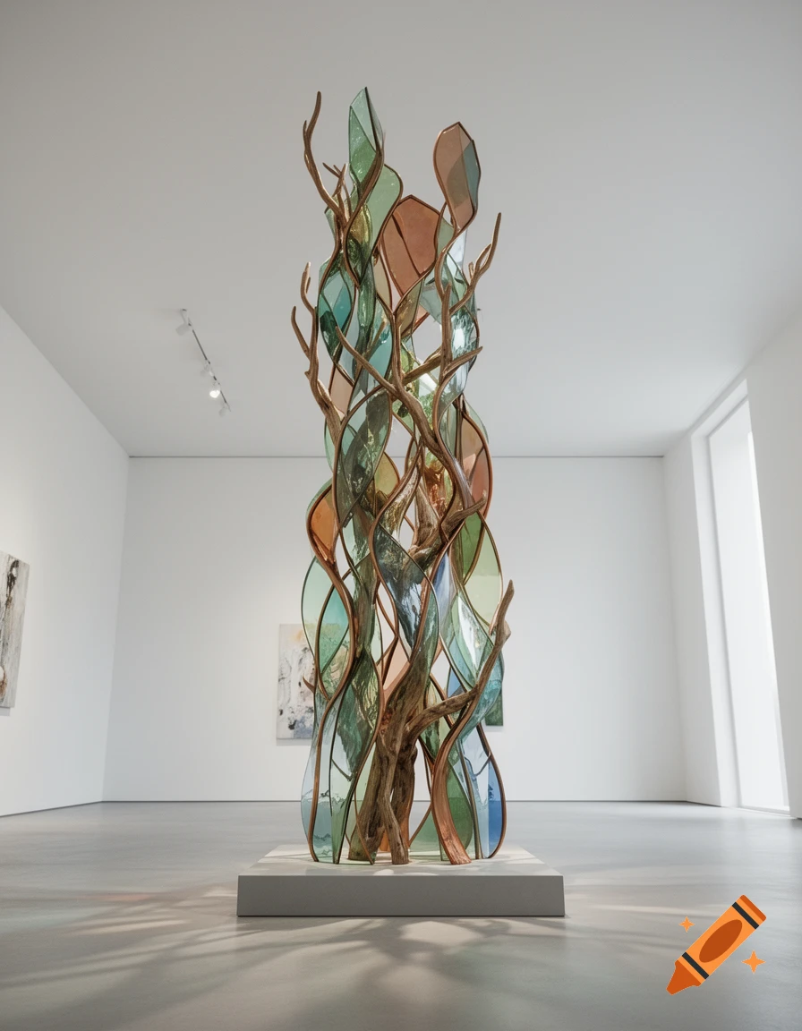 Tall abstract sculpture of intertwining wooden branches and colorful wavy glass panels in a minimalist art gallery.