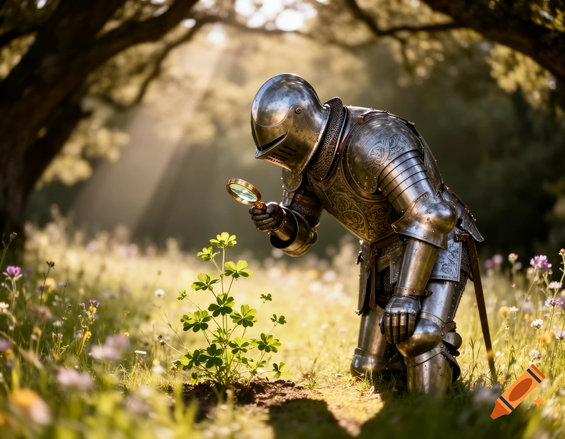 A knight in gleaming armor kneels in a sunlit forest clearing, examining a small plant with a magnifying glass.