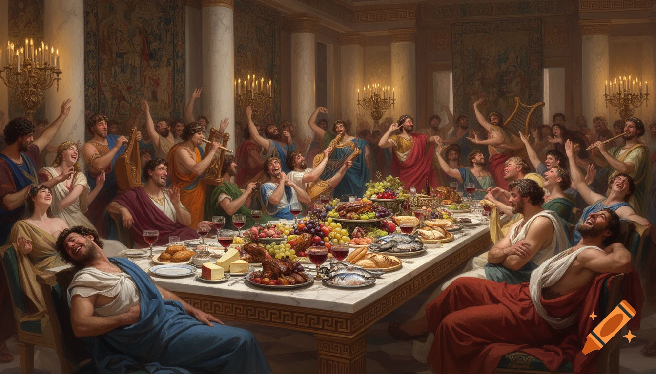 A classical painting depicts a lively ancient Roman or Greek banquet with people feasting, drinking, playing music, and laughing in a luxurious villa.