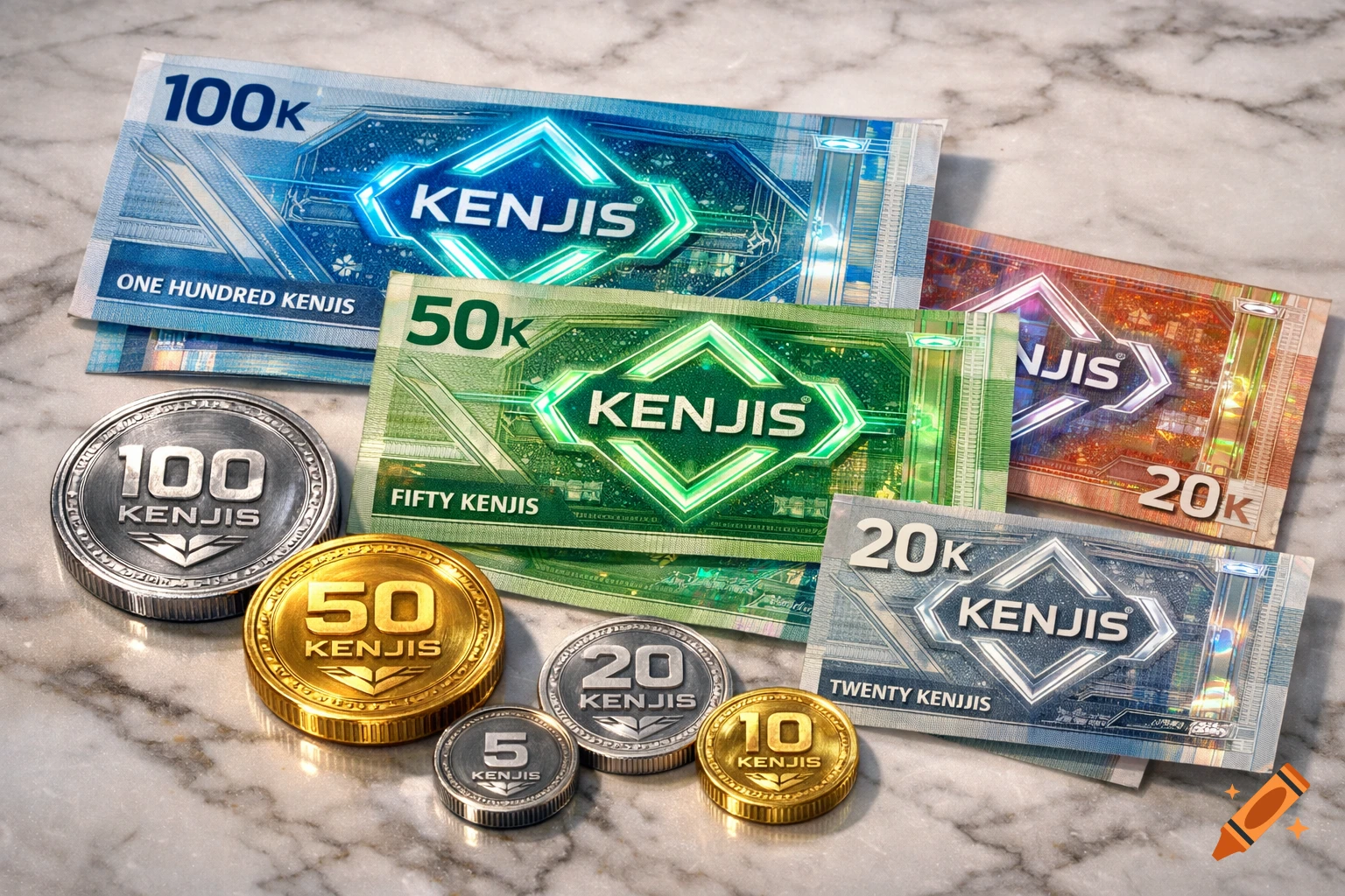 Modern, colorful Kenjis banknotes (100K, 50K, 20K) and coins (100, 50, 20, 10, 5) on a marble surface.