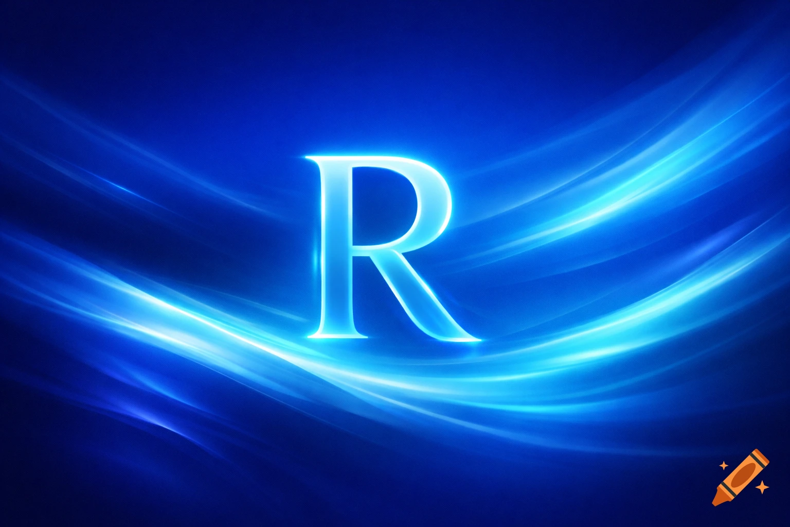 A glowing capital letter R centered on an abstract blue background with ...