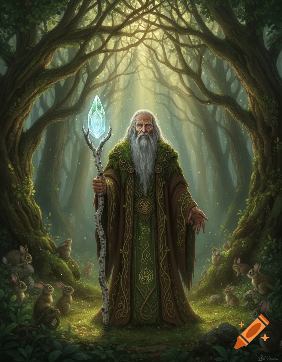 An old wizard with a long white beard and a crystal-topped staff stands amidst rabbits in a sun-dappled, mystical forest.