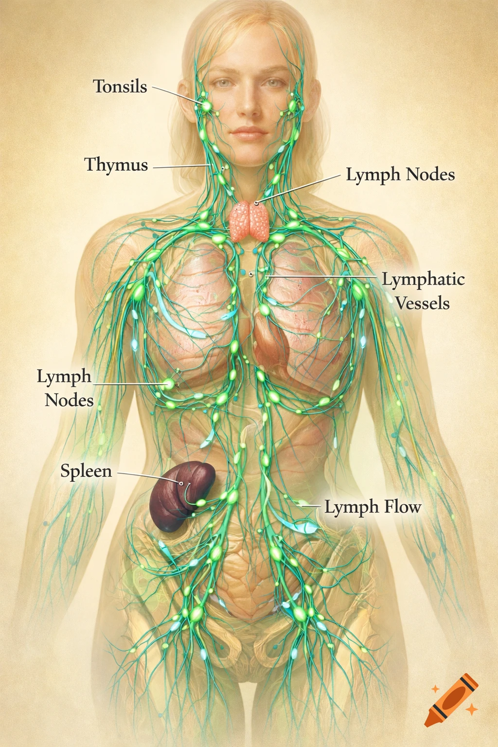 Detailed medical illustration of the human lymphatic system with labeled organs and vessels.