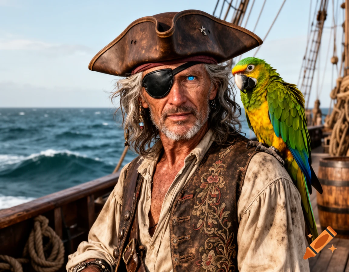 A photorealistic image of an old pirate with an eye patch and a tricorn hat, with a green and yellow parrot on his shoulder, on a ship at sea.