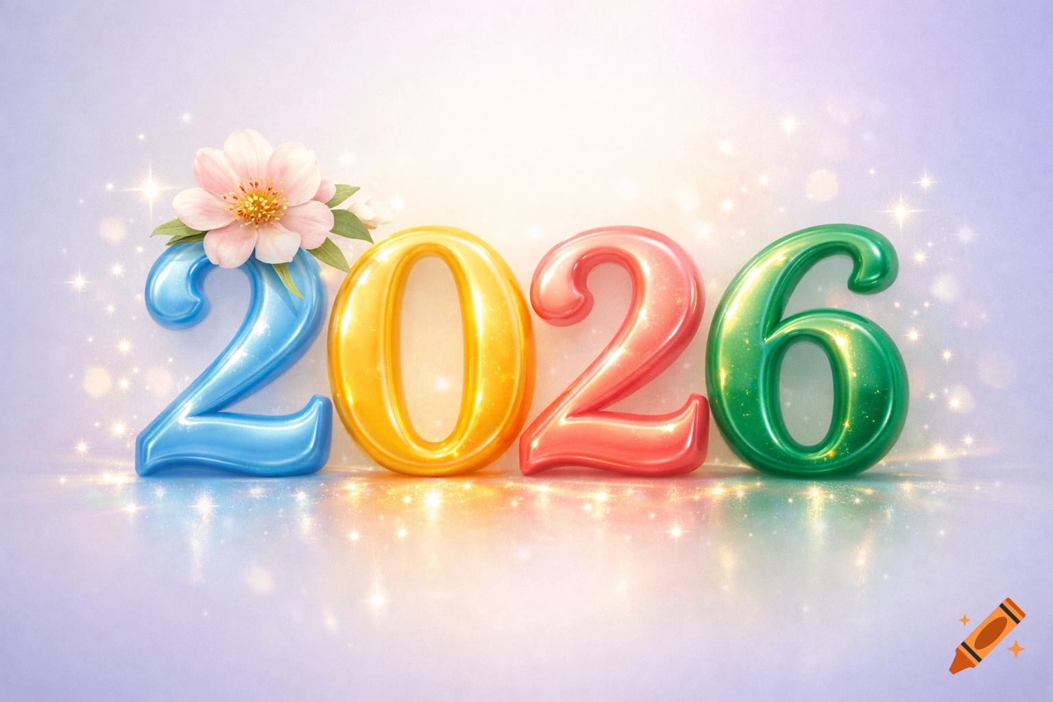 Glossy 3D numbers '2026' in blue, golden yellow, coral pink, and emerald green, with a pink flower on the first '2', on a sparkling, soft gradient background.