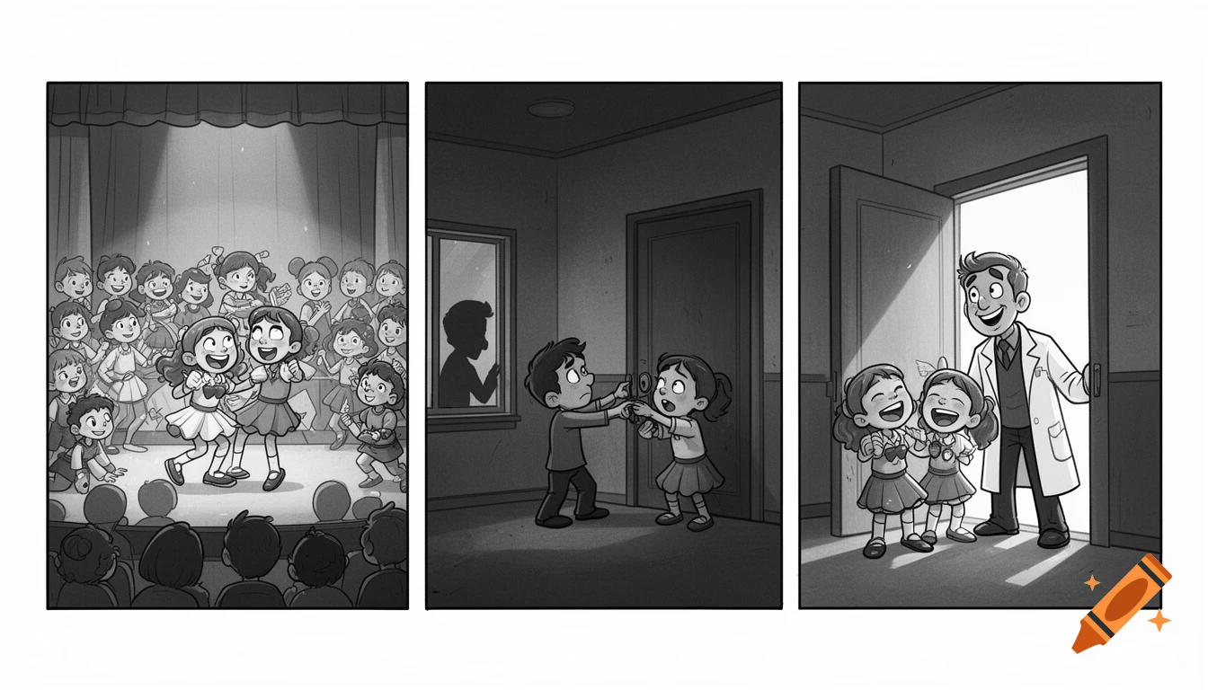 Three-panel black and white cartoon of children rehearsing a play, getting locked in a dark room, and then being rescued by a man.