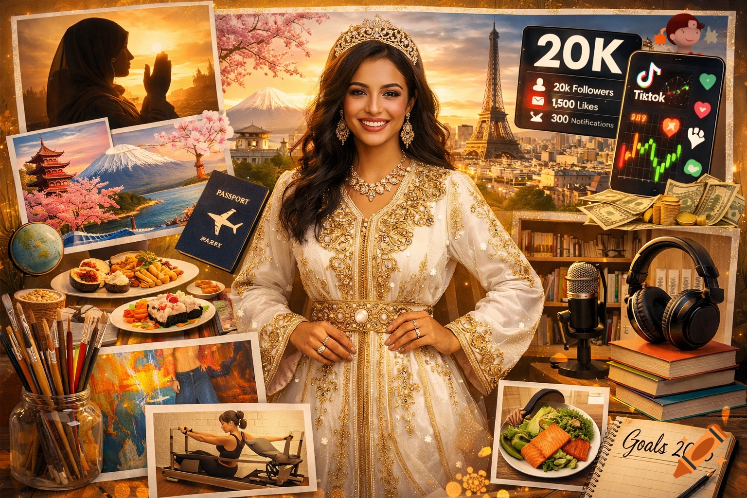 A collage featuring a smiling woman in traditional Moroccan attire, surrounded by photos and objects representing life goals: travel (Japan, Paris, passport), religion, cooking, art, fitness, social media, and reading.