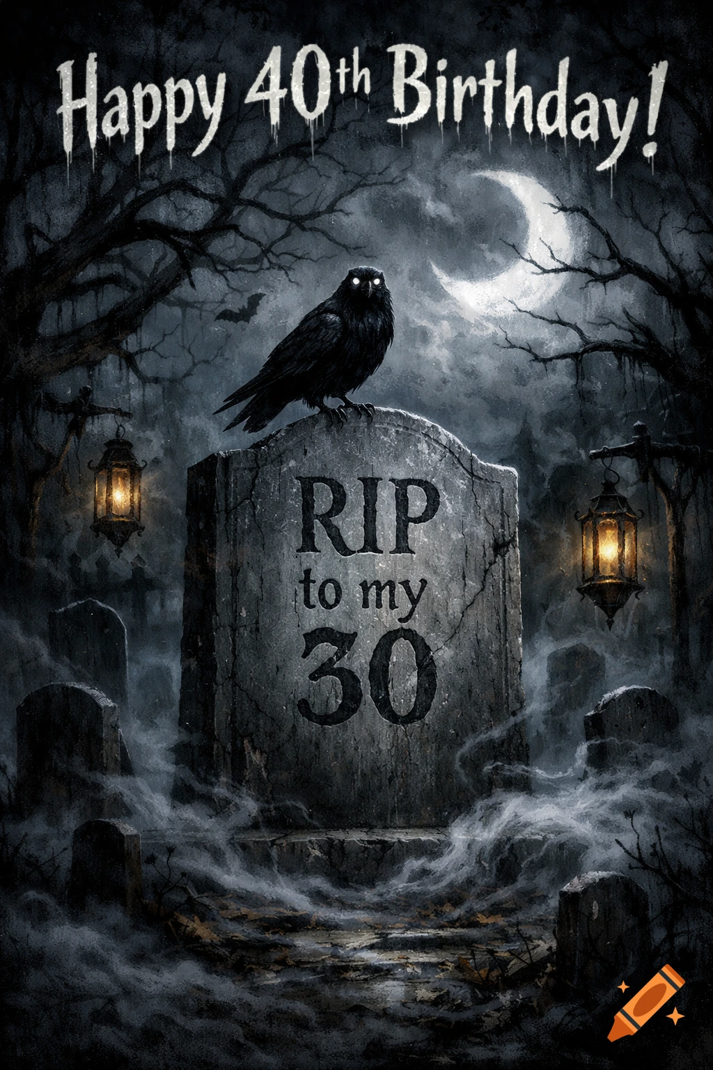Gothic graveyard scene with a crow on a tombstone reading "RIP to my 30", under a full moon. Text at top says "Happy 40th Birthday!"