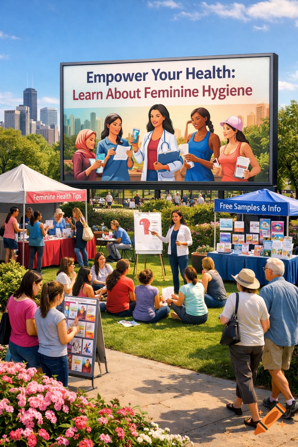 A diverse group of people attend a public health event on feminine hygiene in a sunny city park, with a billboard and info tents.