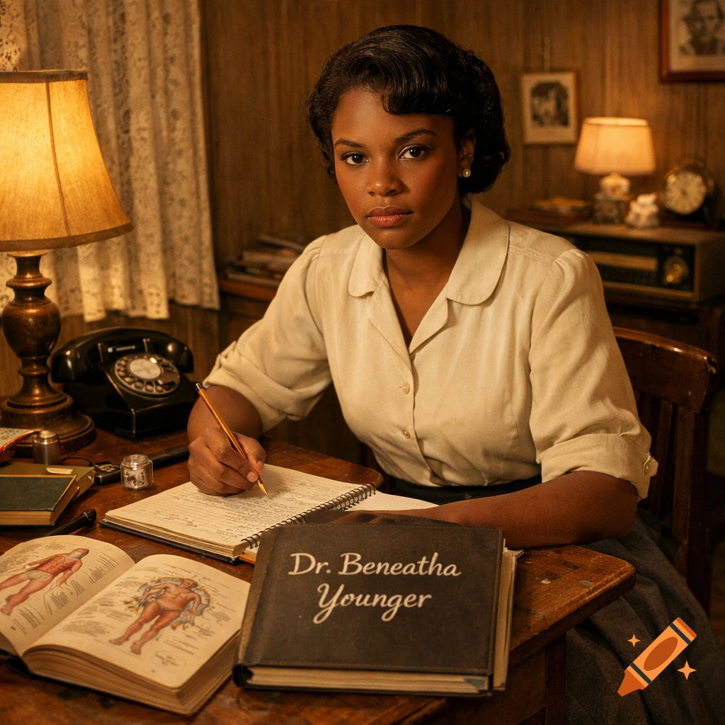 A serious 1950s African American woman studies at a desk with medical books and a notebook.