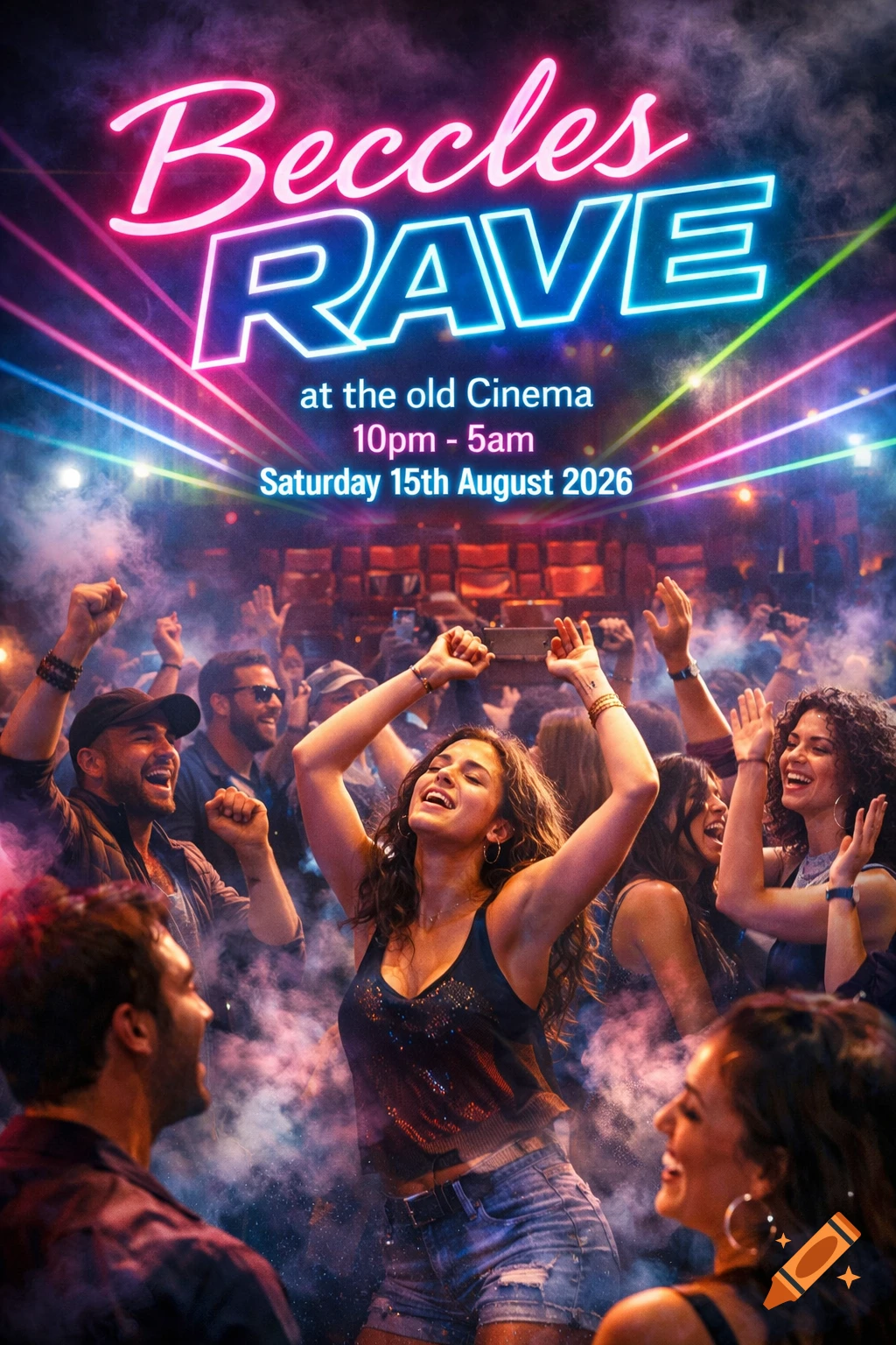 Photorealistic poster for 'Beccles Rave' showing a crowd dancing in a club with neon lights and smoke. Event details are clearly visible.