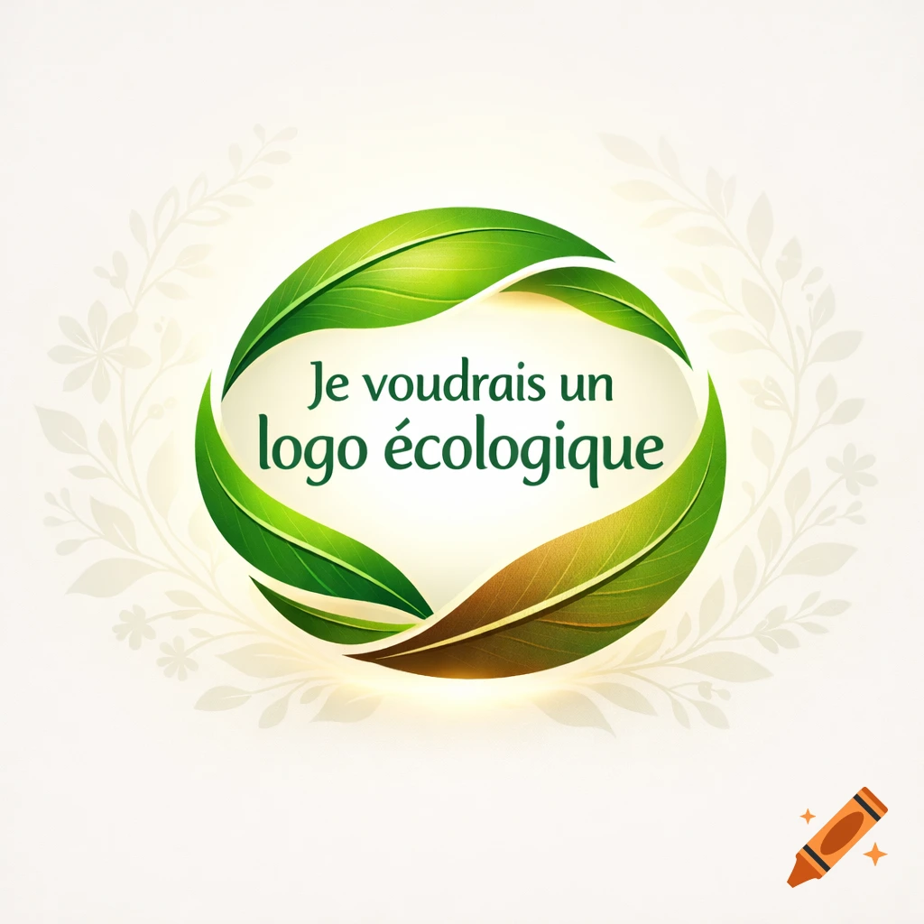 A vibrant green ecological logo with intertwined leaves forming a circular frame around the text "Je voudrais un logo écologique".
