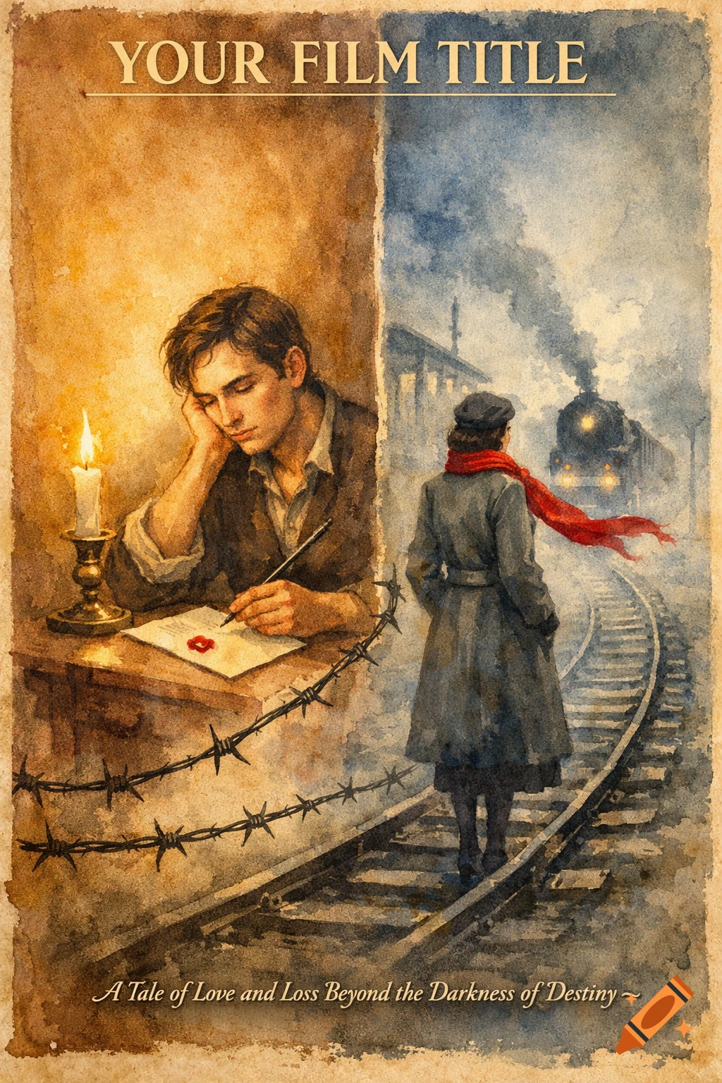 Watercolor poster showing a man writing by candlelight, separated by barbed wire from a woman at a misty train station with a train.