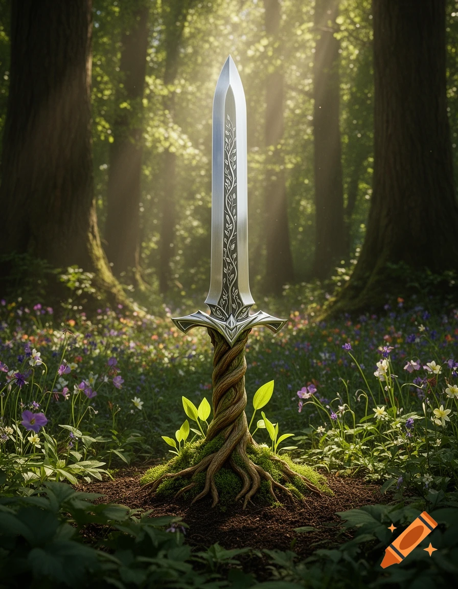 A silver fantasy sword with intricate designs on its blade, emerging from twisted tree roots amidst a vibrant forest floor. Photorealistic.