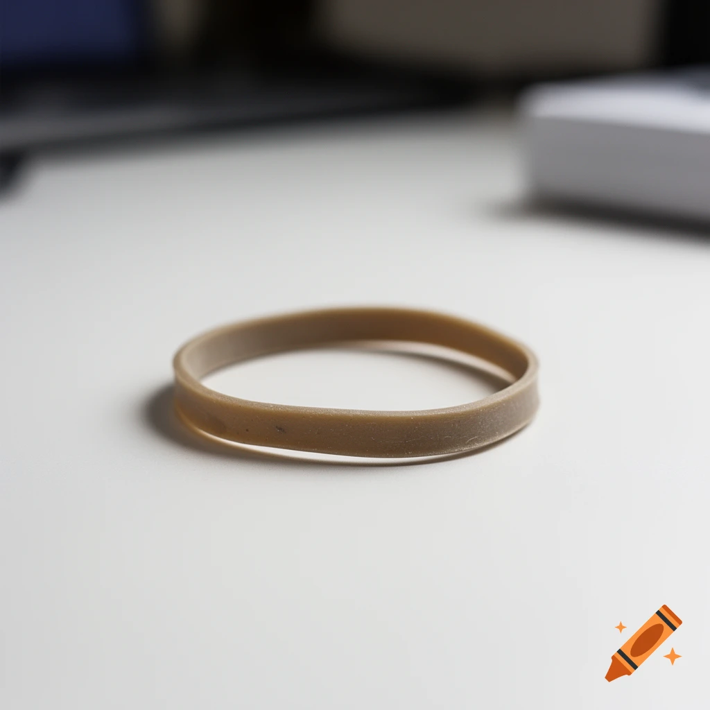 A light brown rubber band rests on a bright white surface, with a blurred background showing faint desk items.