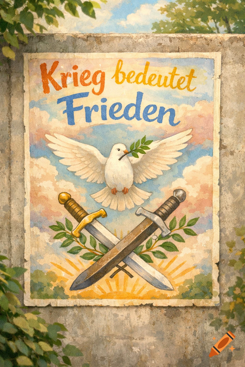 A vintage-style poster on a stone wall, reading "Krieg bedeutet Frieden" (War means Peace). It depicts a white dove with an olive branch, flying above crossed swords and a rising sun, in a storybook style.