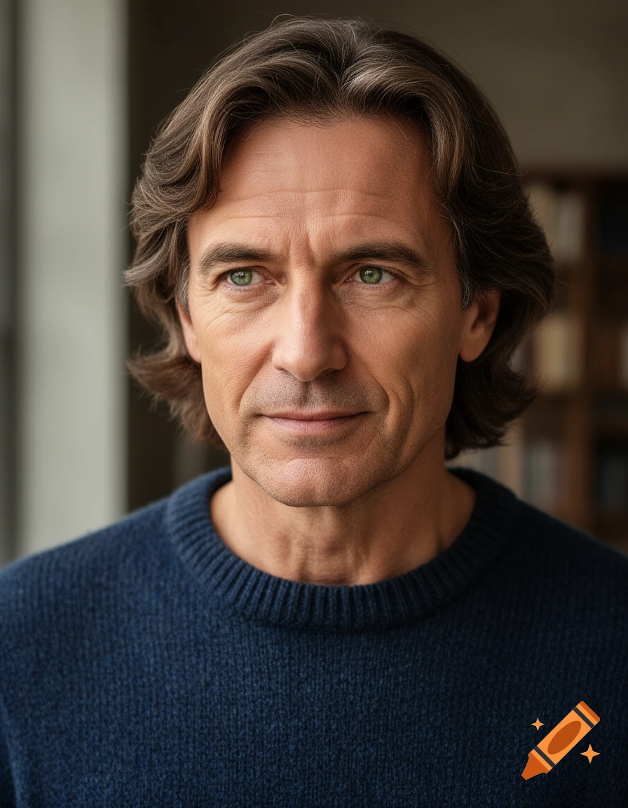 Photorealistic portrait of a middle-aged man with brown wavy hair and green eyes, wearing a dark blue sweater.