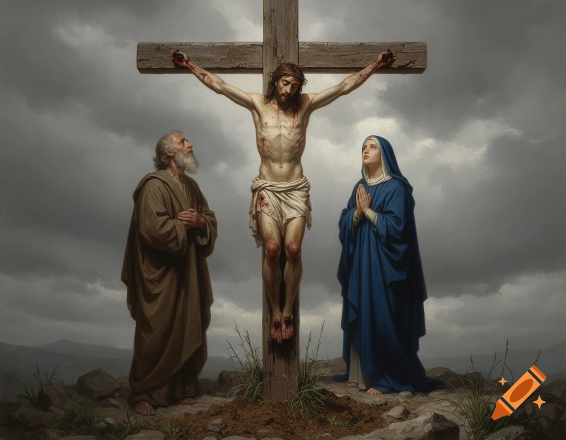 Classical painting of Jesus on the cross, with a bearded man and a woman in blue mourning below under a cloudy sky.