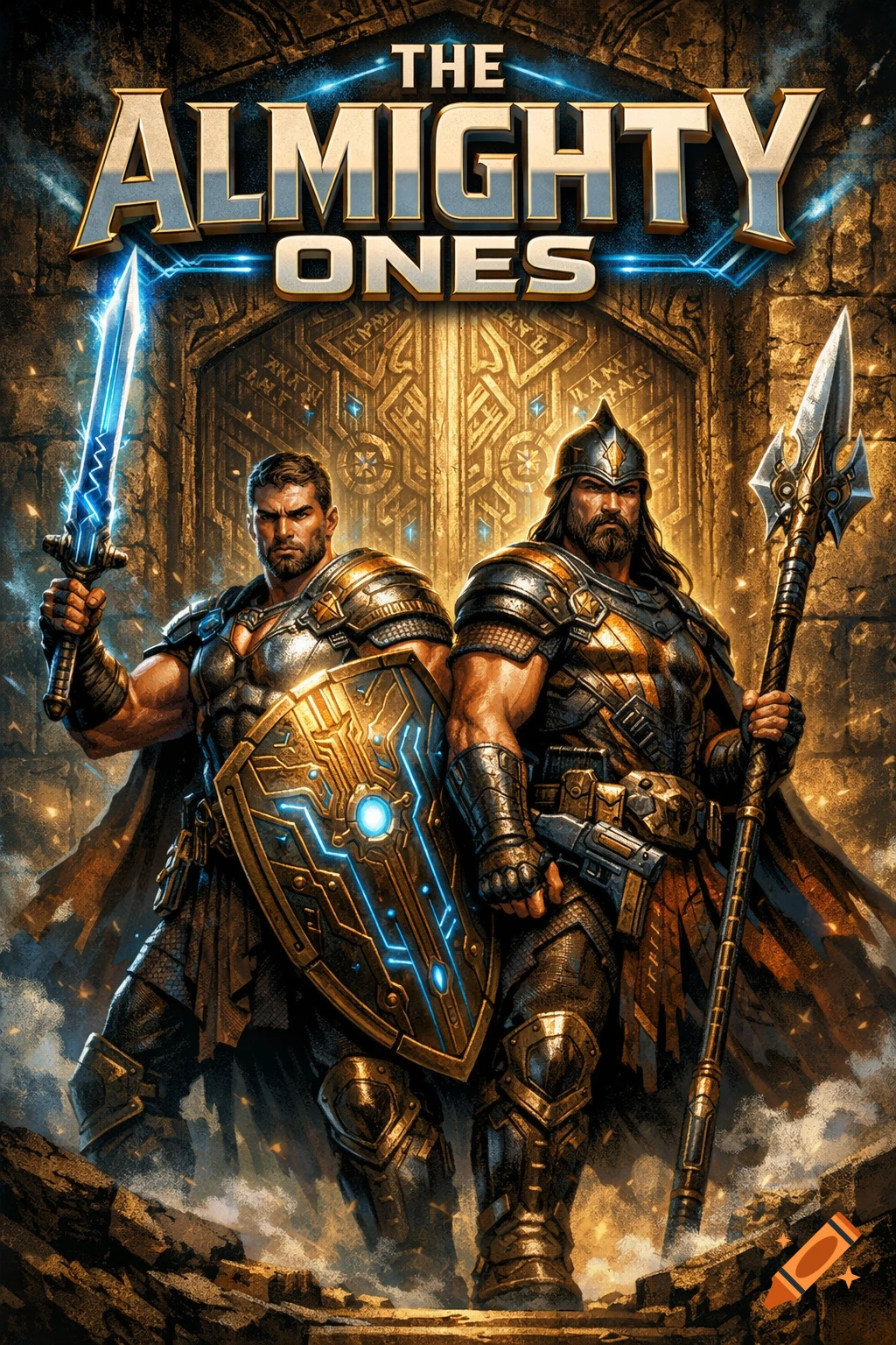 Comic cover: 'THE ALMIGHTY ONES' with two armored warriors, one with a glowing sword and shield, the other with a spear, guarding a golden gate.