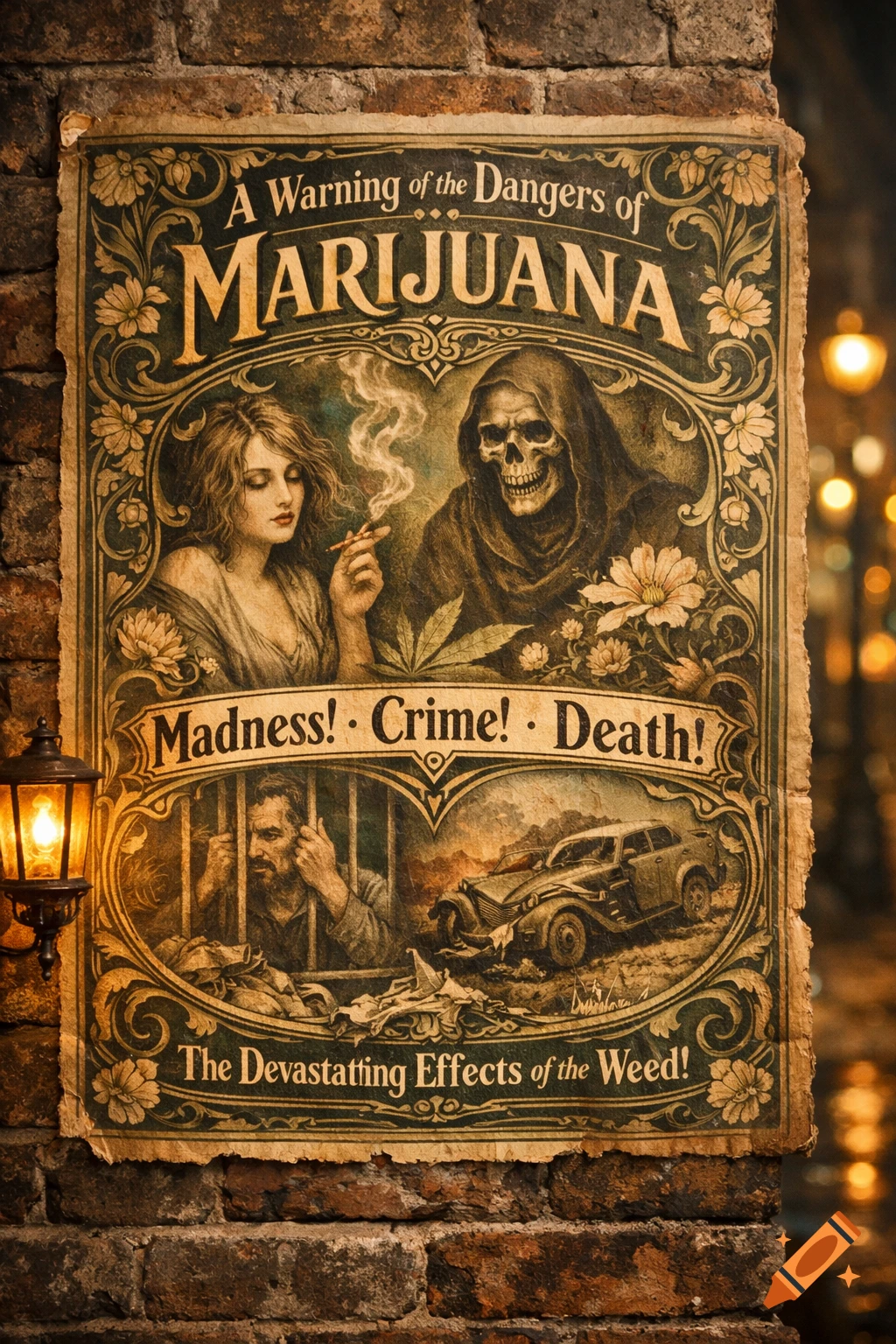 An old-style vintage poster titled "A Warning of the Dangers of MARIJUANA" with illustrations of a woman smoking, a grim reaper, a man in jail, and a crashed car. The poster also reads "Madness! Crime! Death! The Devastating Effects of the Weed!"