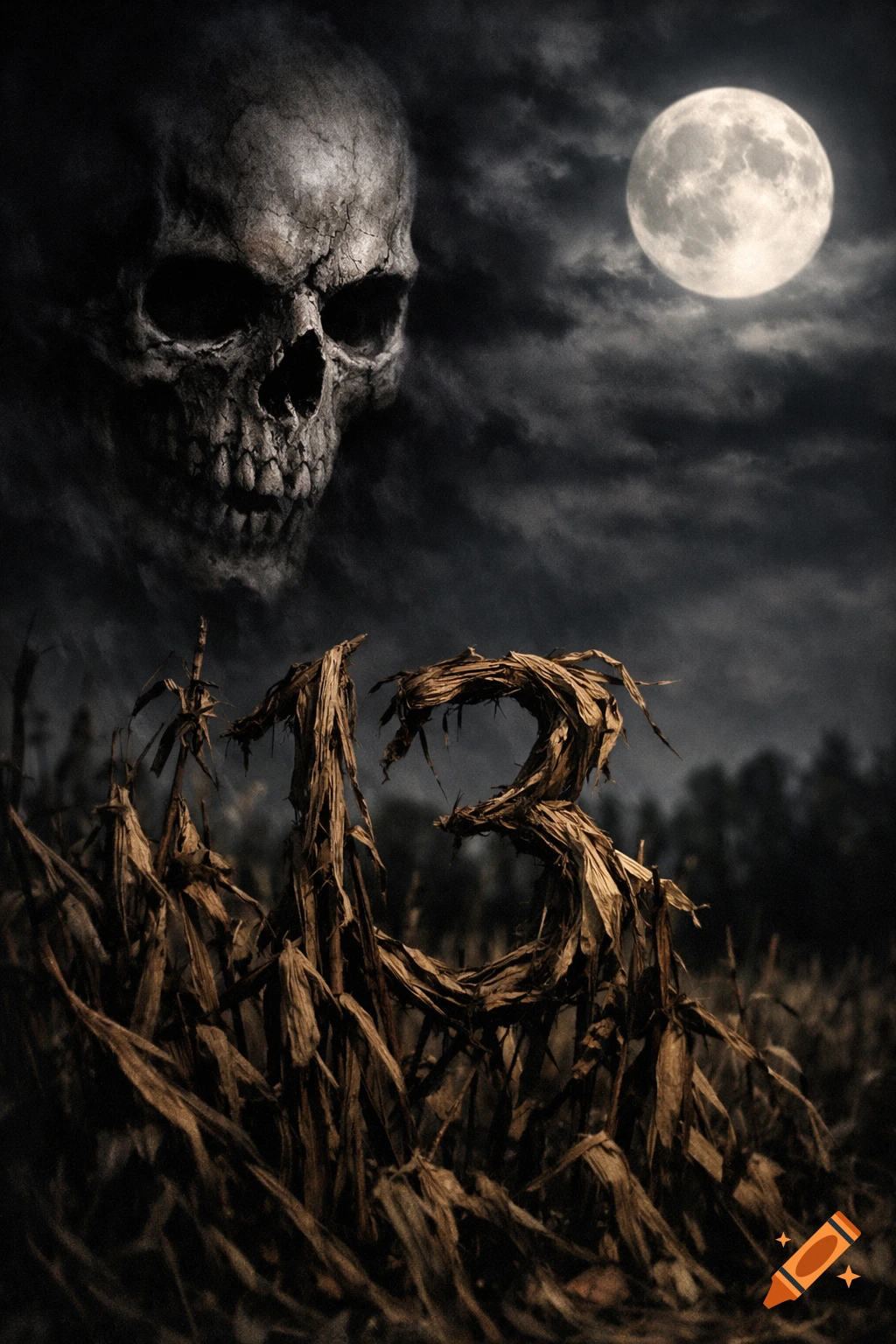 A terrifying skull looms in a dark, cloudy sky with a full moon, above a field where the number 13 is formed by withered corn stalks.