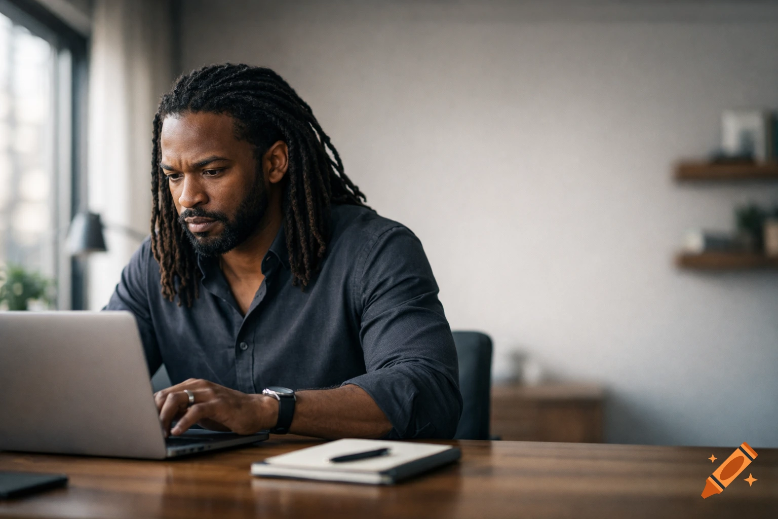 Focused African American man with dreadlocks works on a laptop in a modern home office. Photorealistic style.
