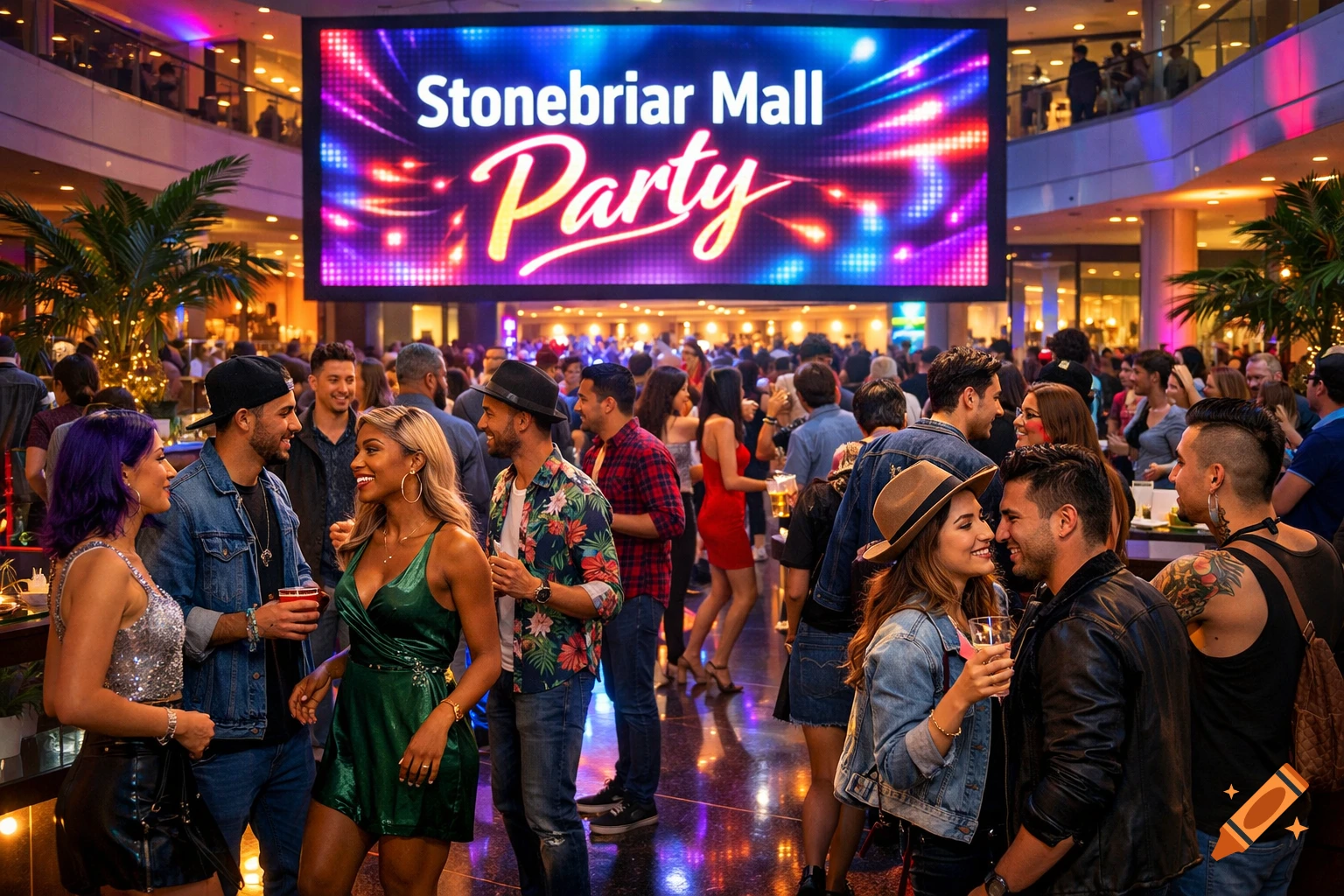 A bustling mall party with many people socializing under a large LED screen displaying "Stonebriar Mall Party" in vibrant colors, photorealistic style.