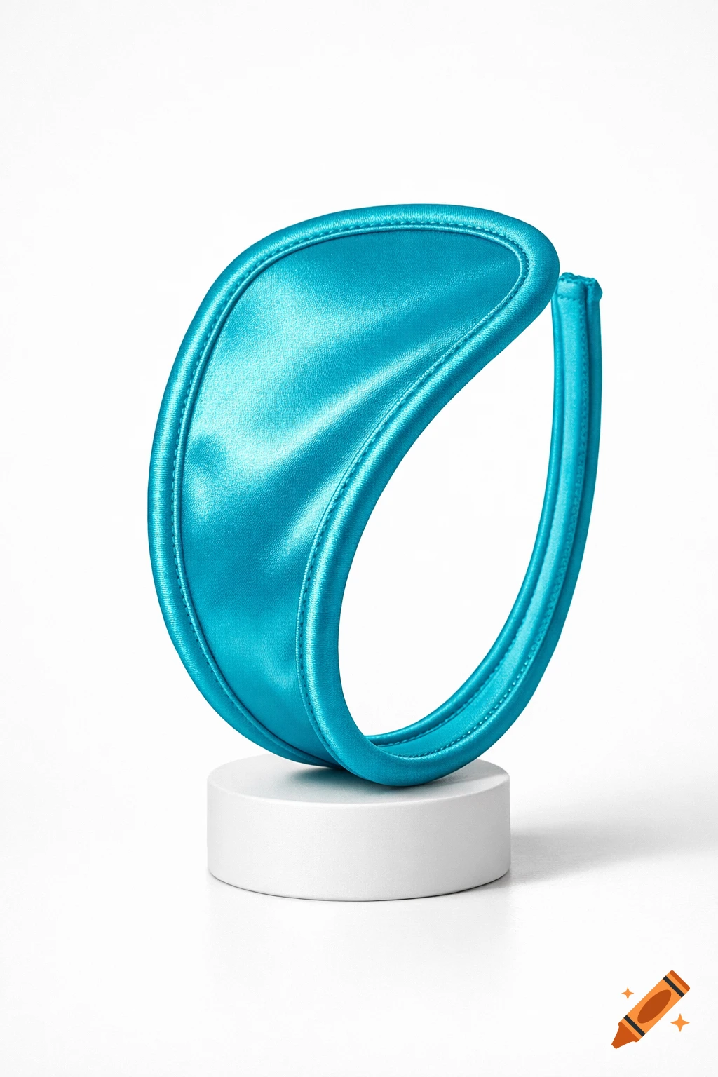 A bright turquoise c-string made of shiny fabric, standing on a white pedestal.