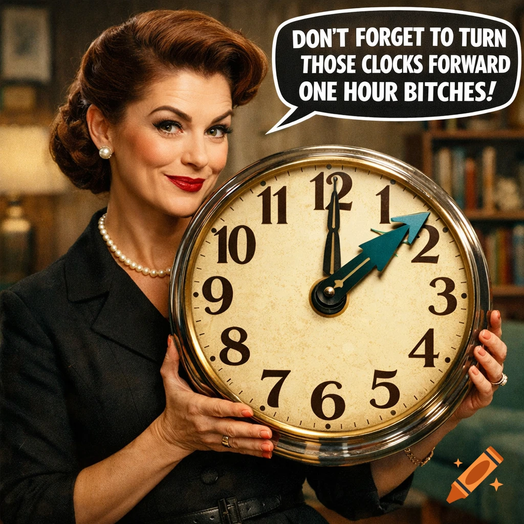 A retro-styled woman smirks while holding a large clock with a speech bubble saying, "DON'T FORGET TO TURN THOSE CLOCKS FORWARD ONE HOUR BITCHES!"