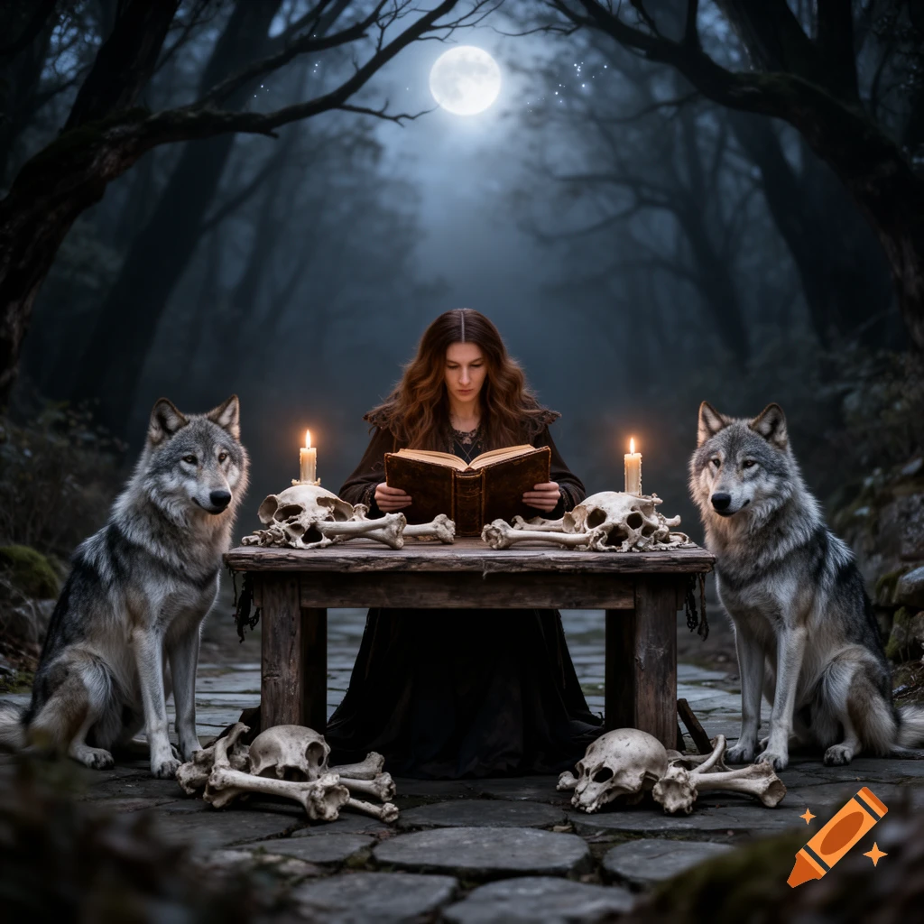 Photorealistic image of a witch reading a book at a table with skulls and bones, flanked by two wolves in a dark forest under a full moon.