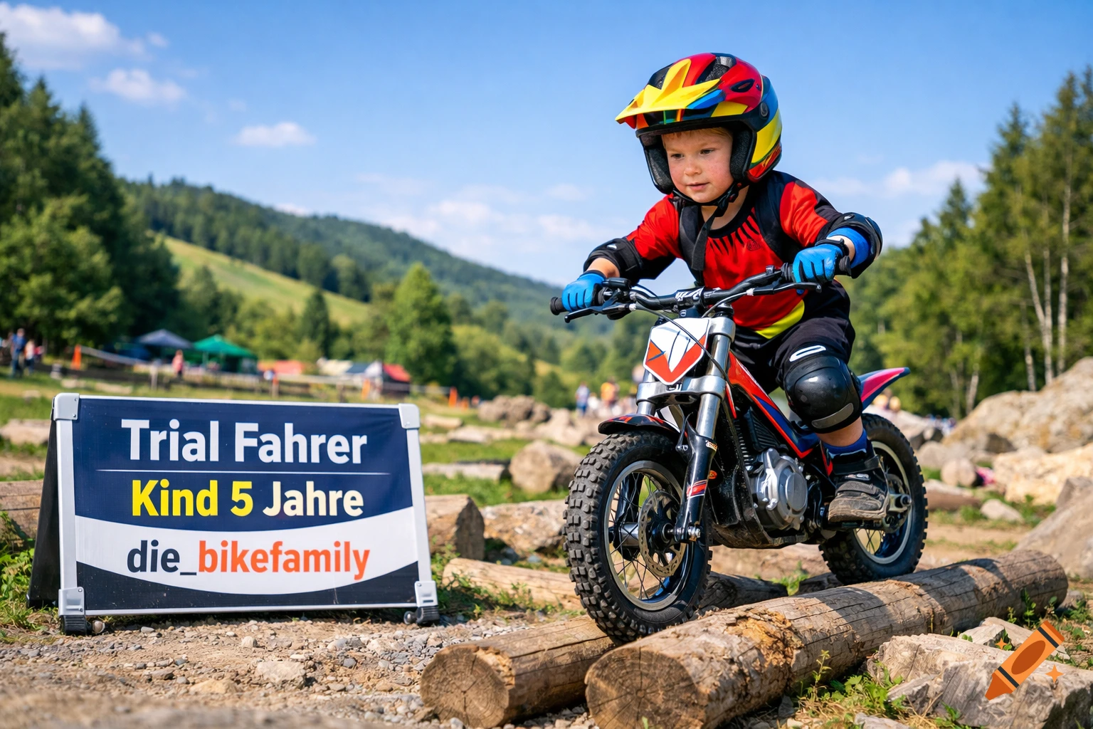 Young child in a colorful helmet and gear rides a trial motorcycle over wooden logs on a dirt track.