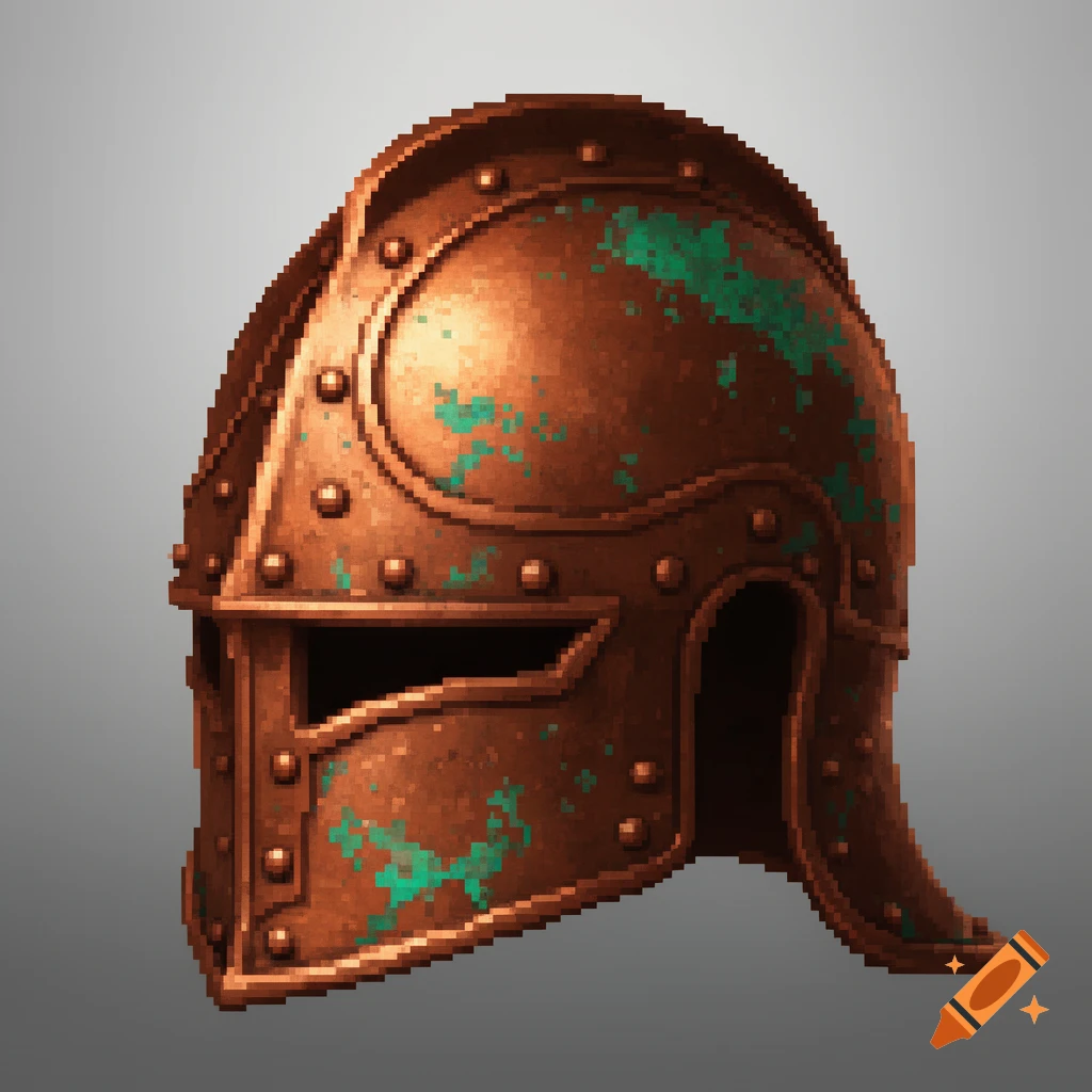 A pixel art illustration of an old copper helmet with green verdigris.