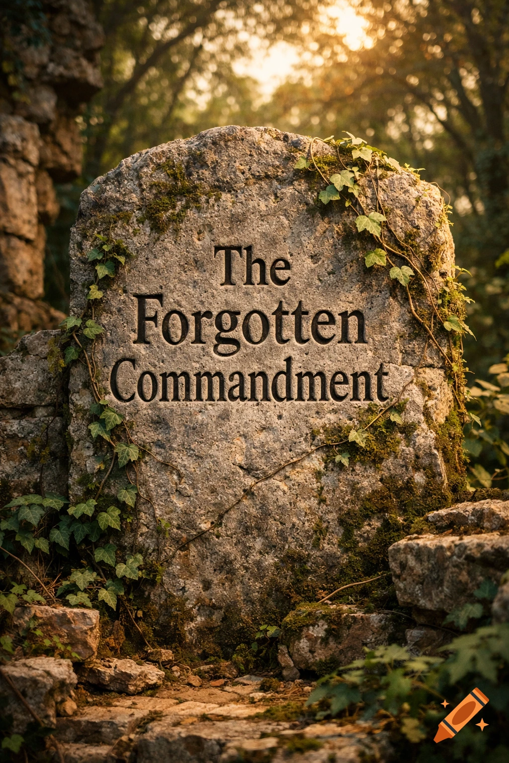 A mossy stone tablet engraved with "The Forgotten Commandment" sits in a lush forest with sunlight filtering through trees.