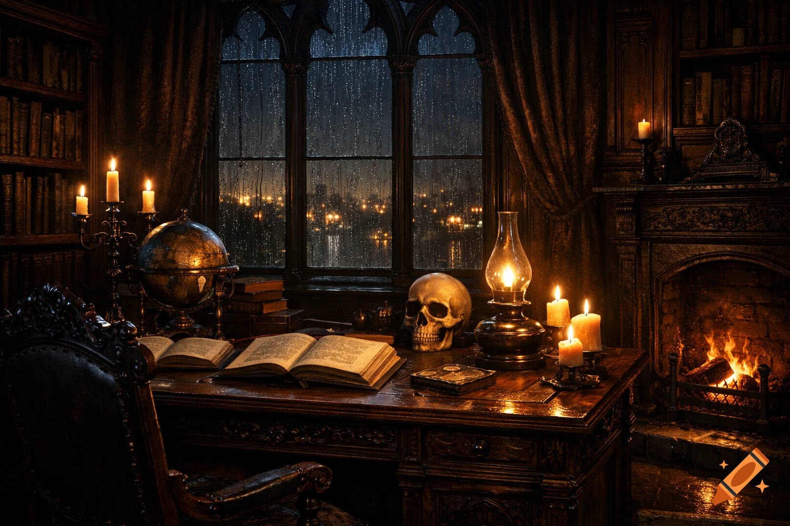 A moody scholar's study at night with a Gothic window, lit by candles and a fireplace, showing a skull, globe, and open books.