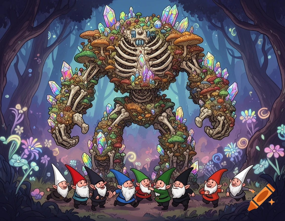 A large golem made of bones, fungus, and crystals stands over tiny gnomes with colorful hats in a whimsical forest, Adventure Time style.