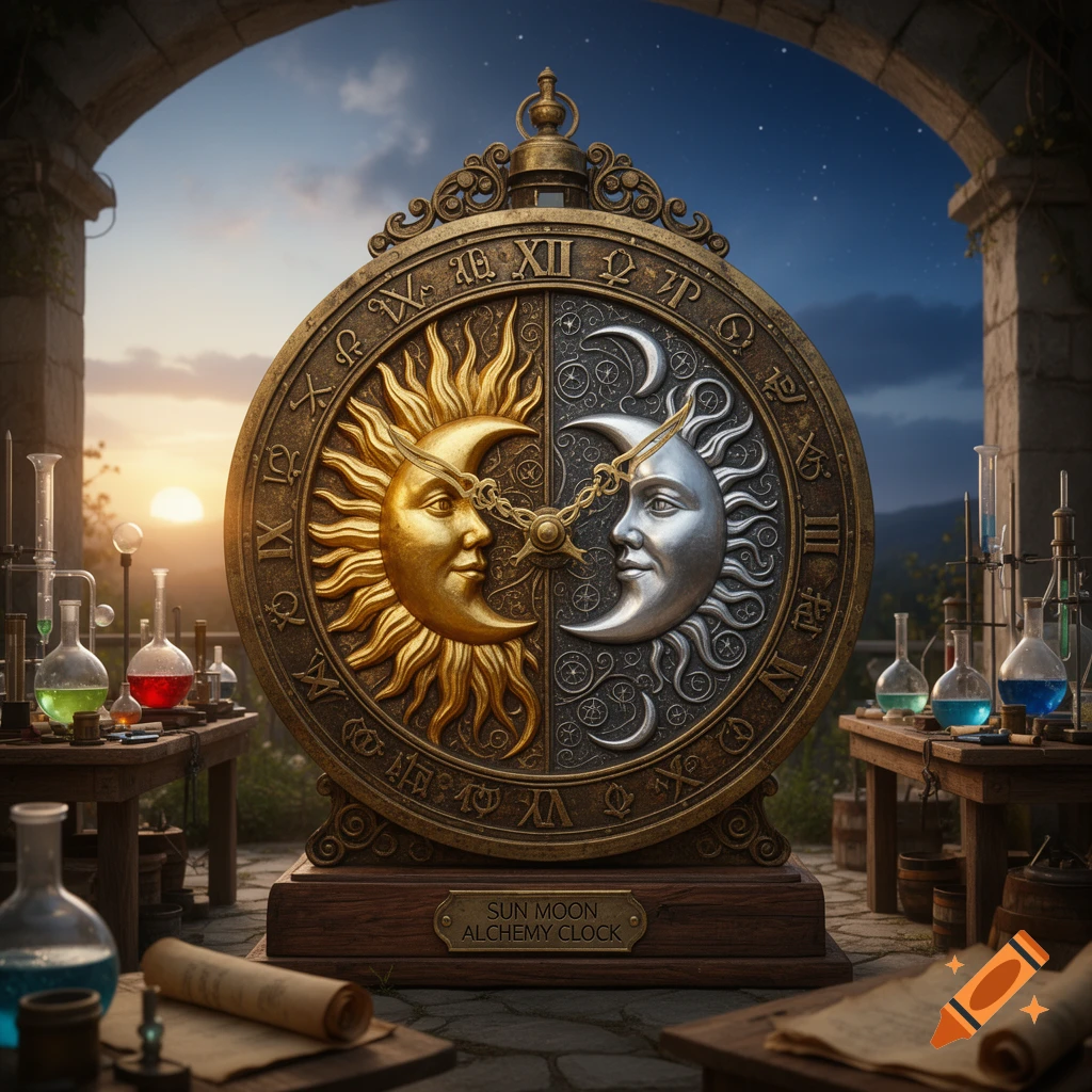 An ornate sun and moon alchemy clock with Roman numerals, flanked by beakers and scrolls in an outdoor setting under a day and night sky.