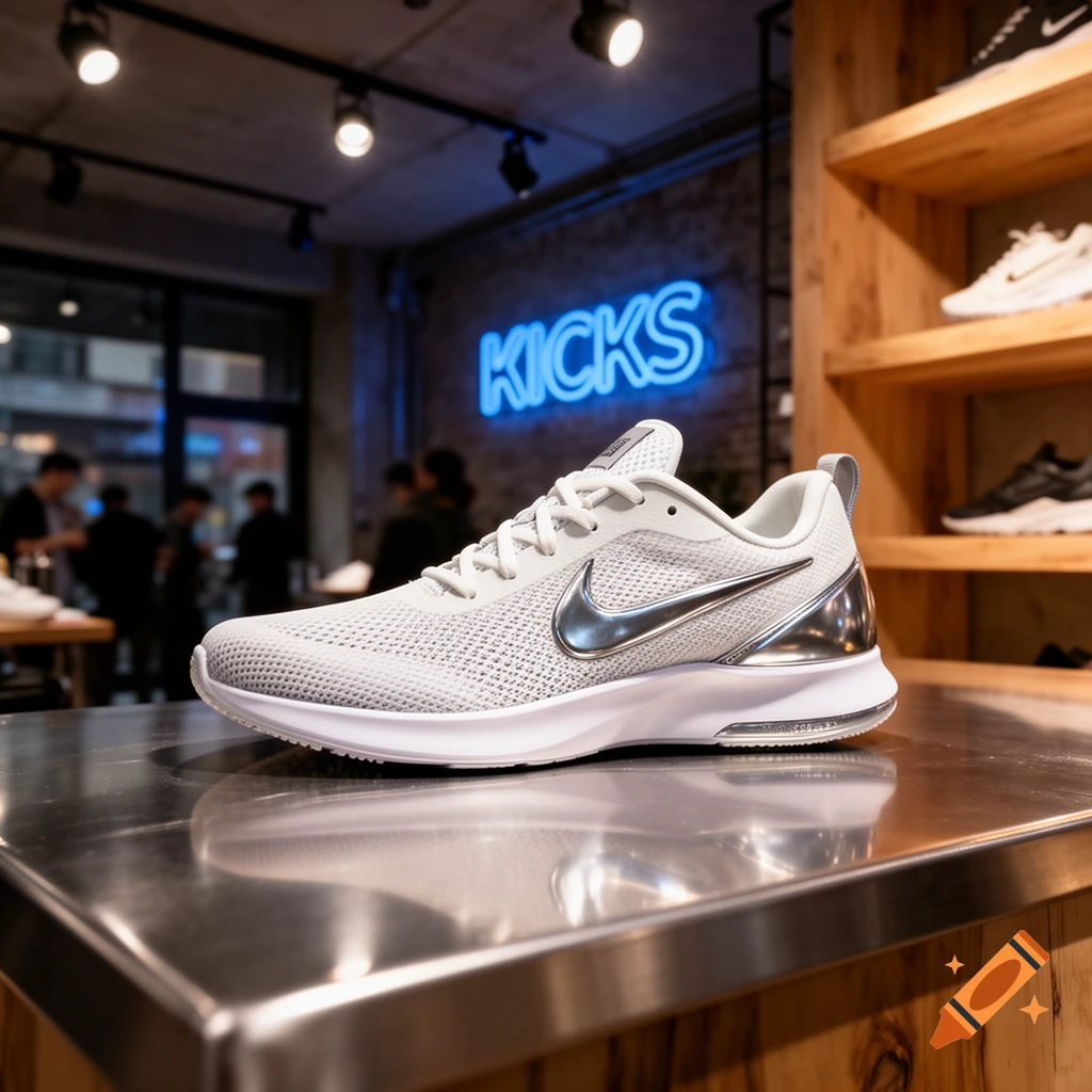 A white and silver Nike sneaker on a metallic counter in a store, with a blue neon 'KICKS' sign in the background.