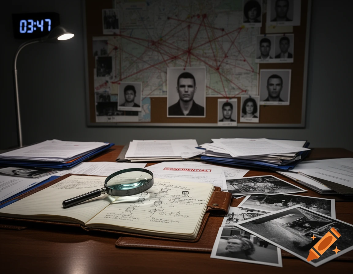 A dimly lit detective's desk with documents, a magnifying glass, a notebook, and a corkboard with photos and a map in the background.
