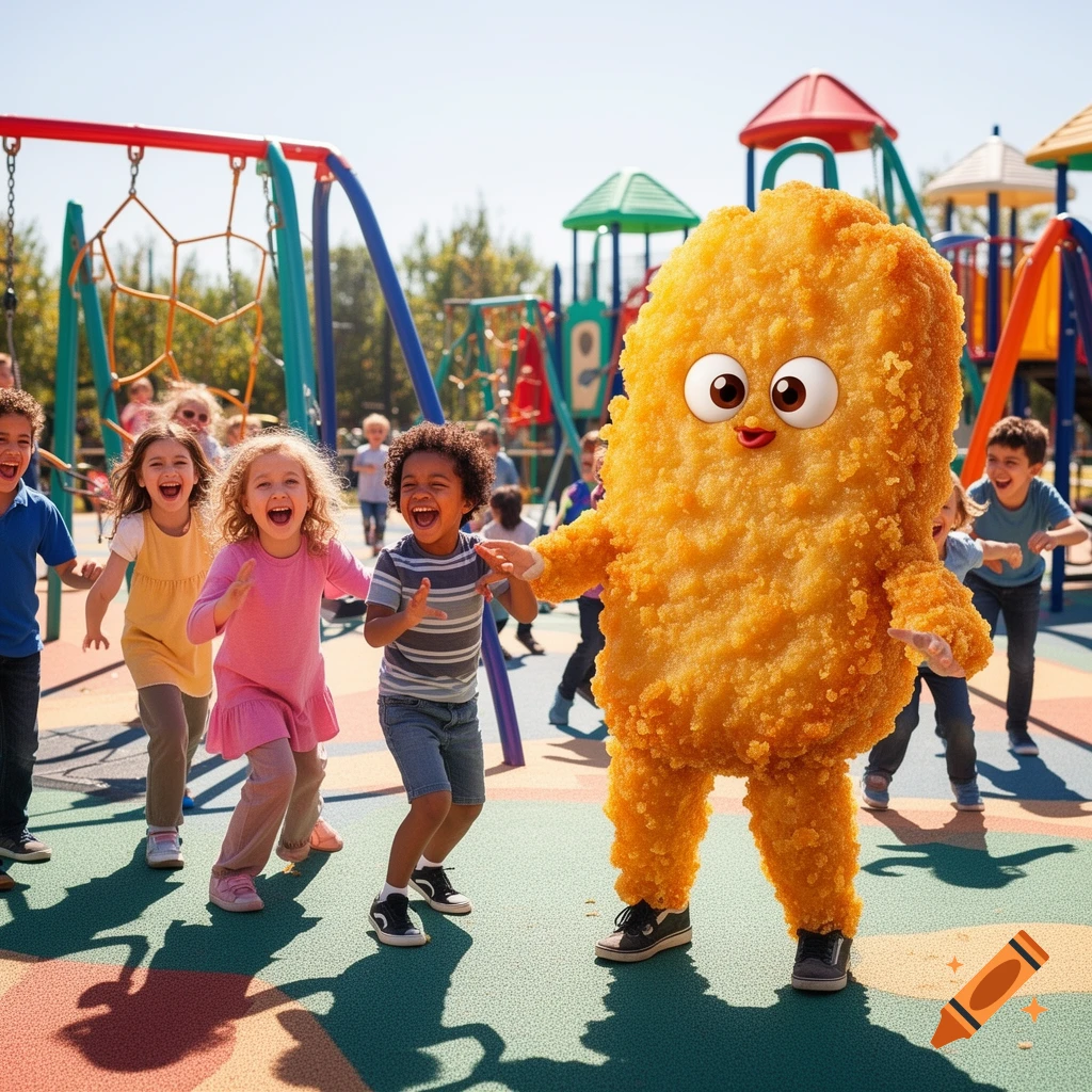 A smiling chicken nugget mascot with cartoon eyes and mouth plays with laughing children on a colorful playground under a sunny sky.