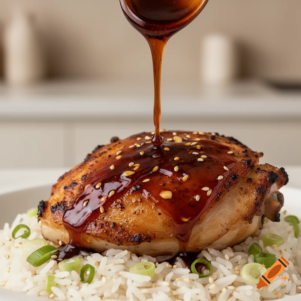 A spoonful of teriyaki sauce drizzles over a chicken thigh topped with sesame seeds, served on a bed of white rice with chopped green onions.