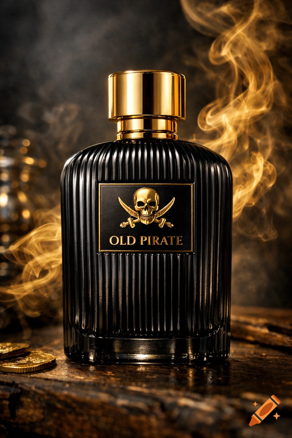 Luxury black ribbed perfume bottle with gold cap, 'OLD PIRATE' label featuring a gold skull and crossbones, dramatic lighting, golden smoke, and old coins.