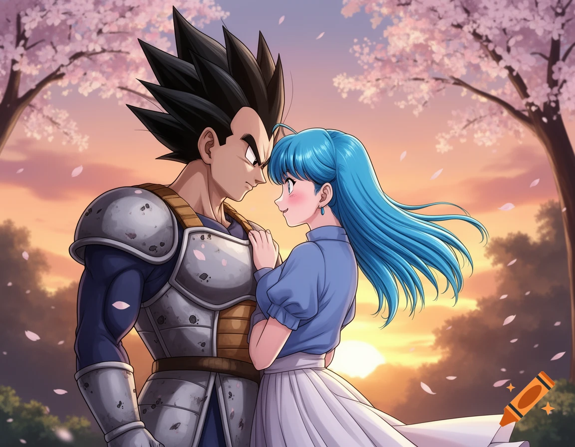 Anime image of Vegeta in armor and Bulma in a dress, gazing at each other under cherry blossom trees at sunset.