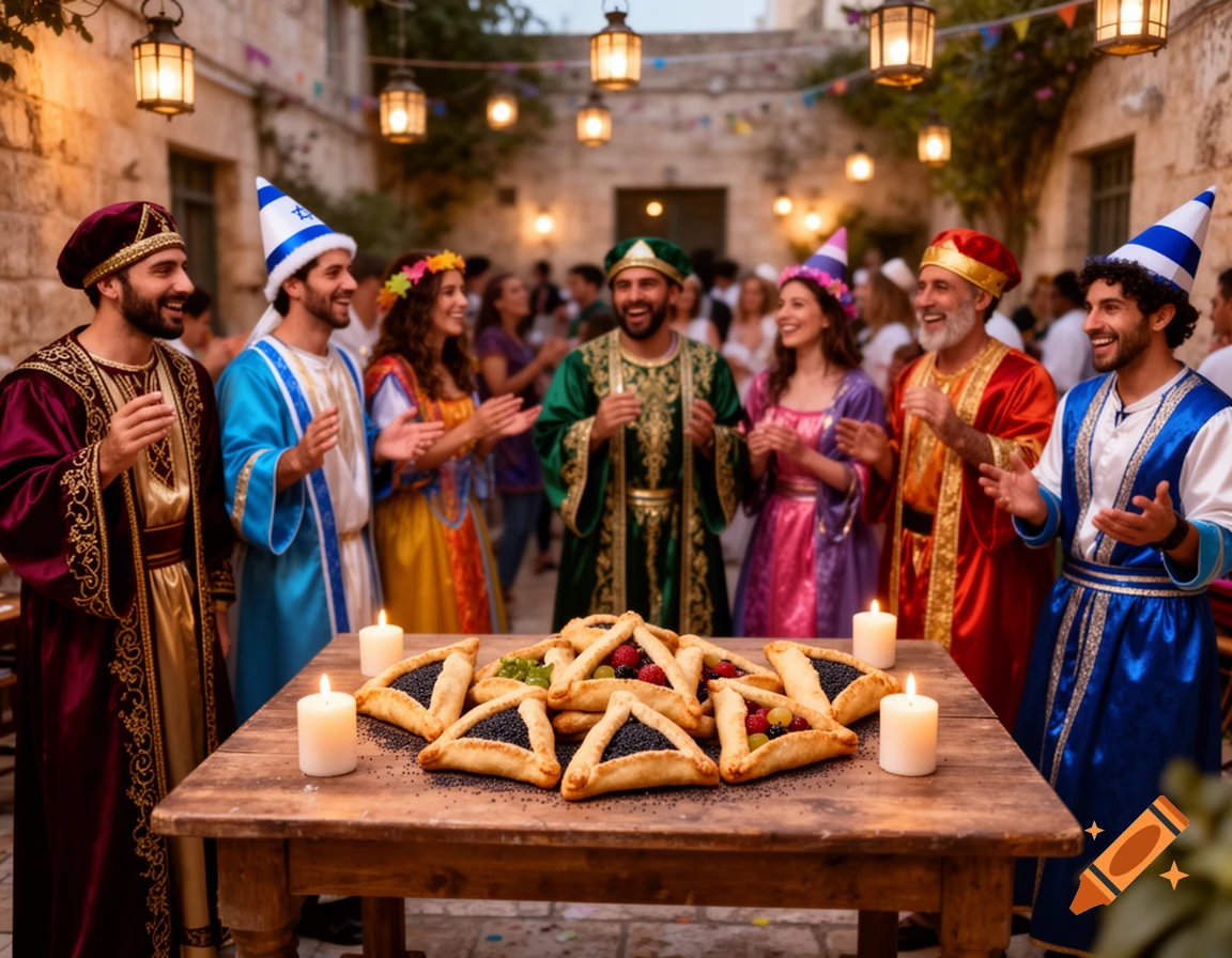 Group of people in colorful, traditional costumes celebrating Purim around a wooden table laden with hamantaschen pastries and lit candles, outdoors at night.