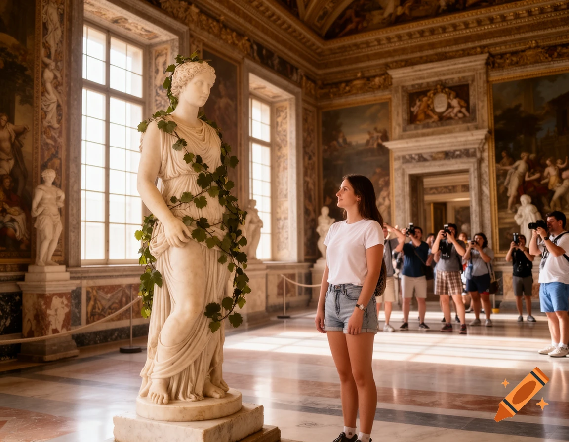 A woman views a classical marble statue covered in leaves in a grand museum hall, with other tourists taking photos in the background.