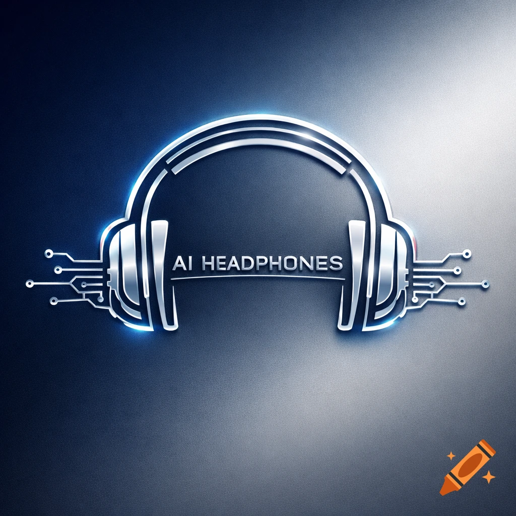 A minimalist, futuristic logo of headphones with glowing blue outlines, metallic silver details, and integrated circuit lines, on a dark gradient background. Text reads "AI HEADPHONES".