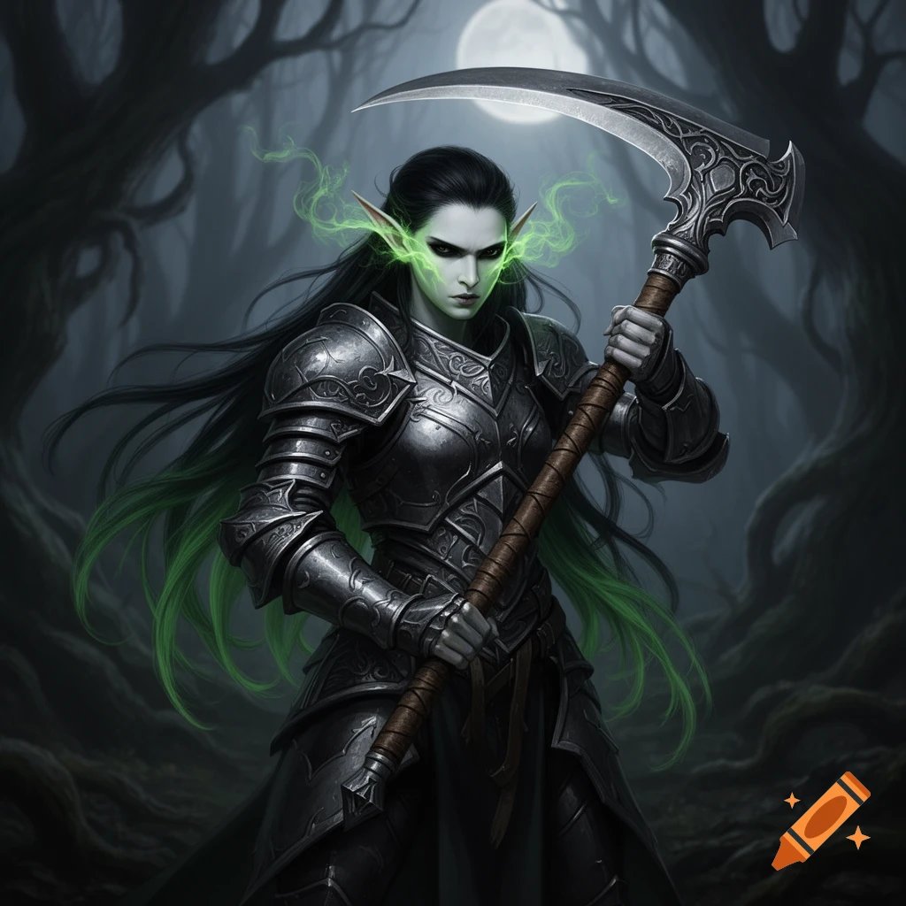 A dark elf warrior in intricate heavy armor, with glowing green eyes ...