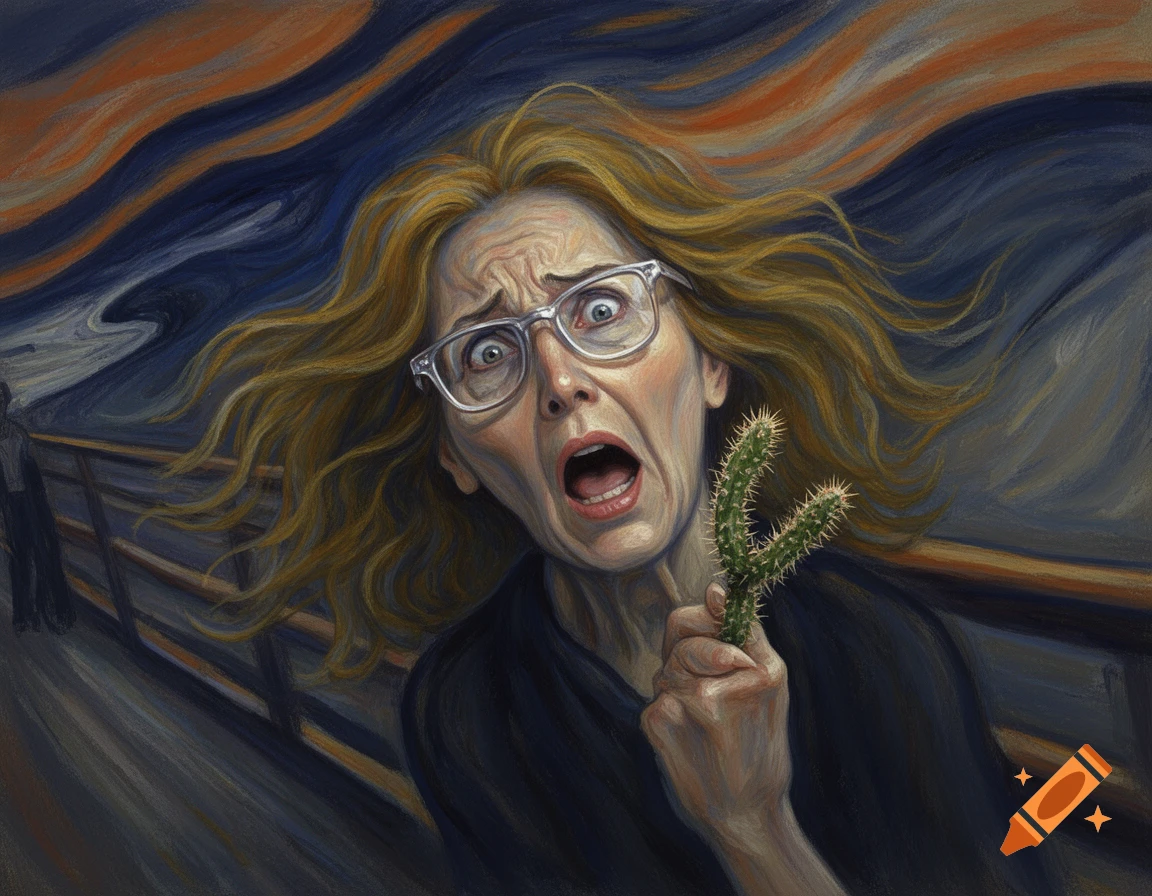 Older woman in glasses, with yellow hair, screams in panic, holding a spiky cactus on her thumb, against a swirling orange and blue background in an expressionistic painting style.