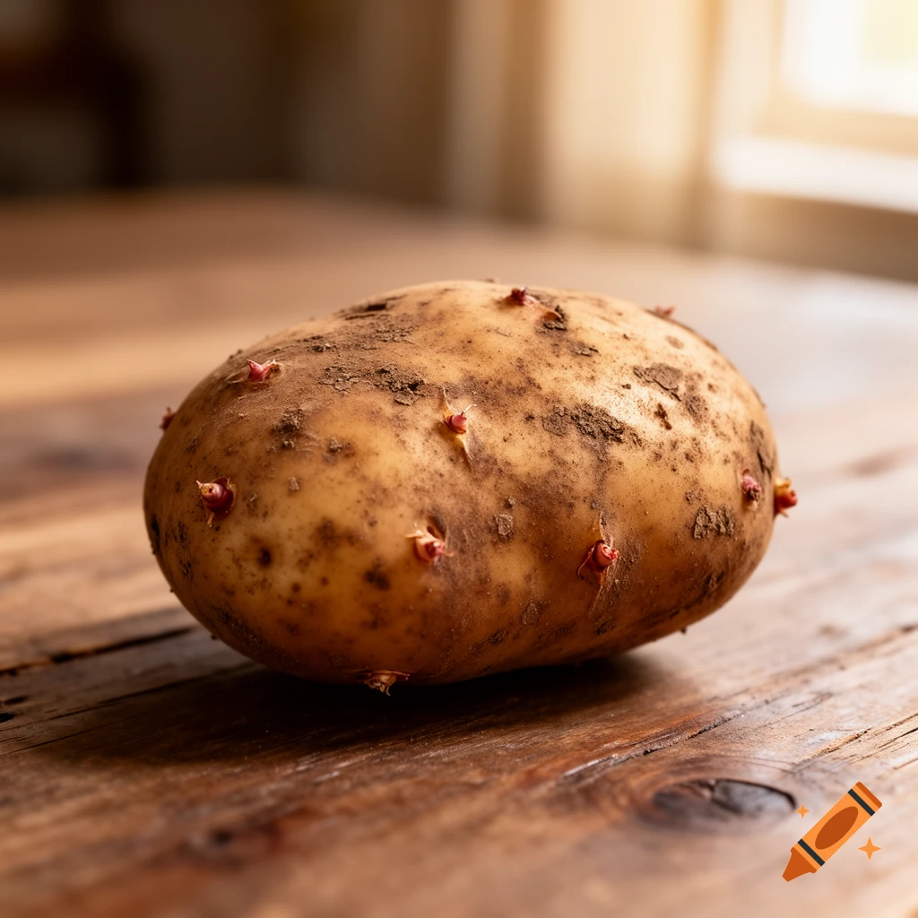 A dirty, sprouted potato rests on a rustic wooden table with warm light from a window in the background.
