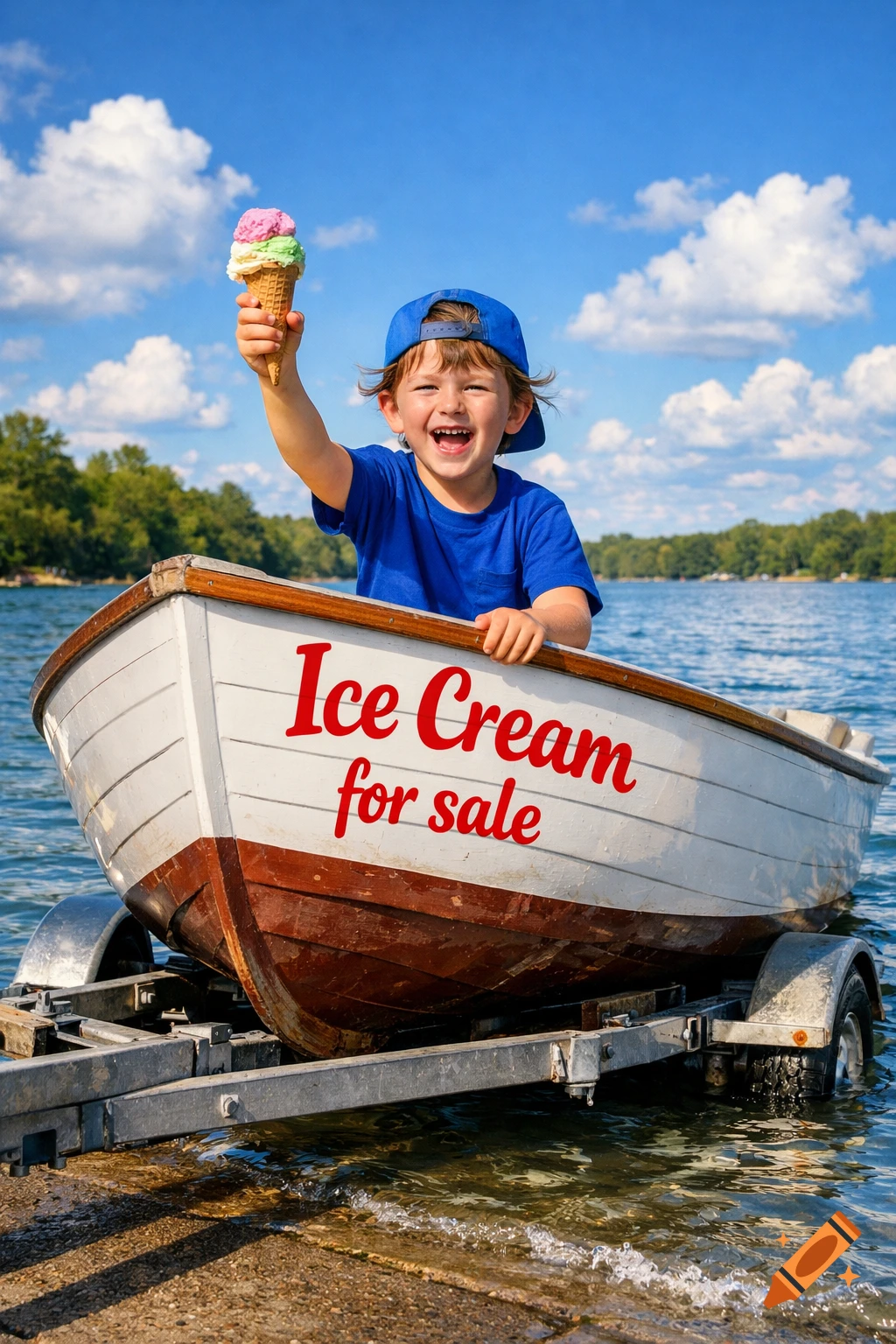 A happy boy in a blue cap holds an ice cream cone in a boat on a trailer partially in the water on a sunny day.