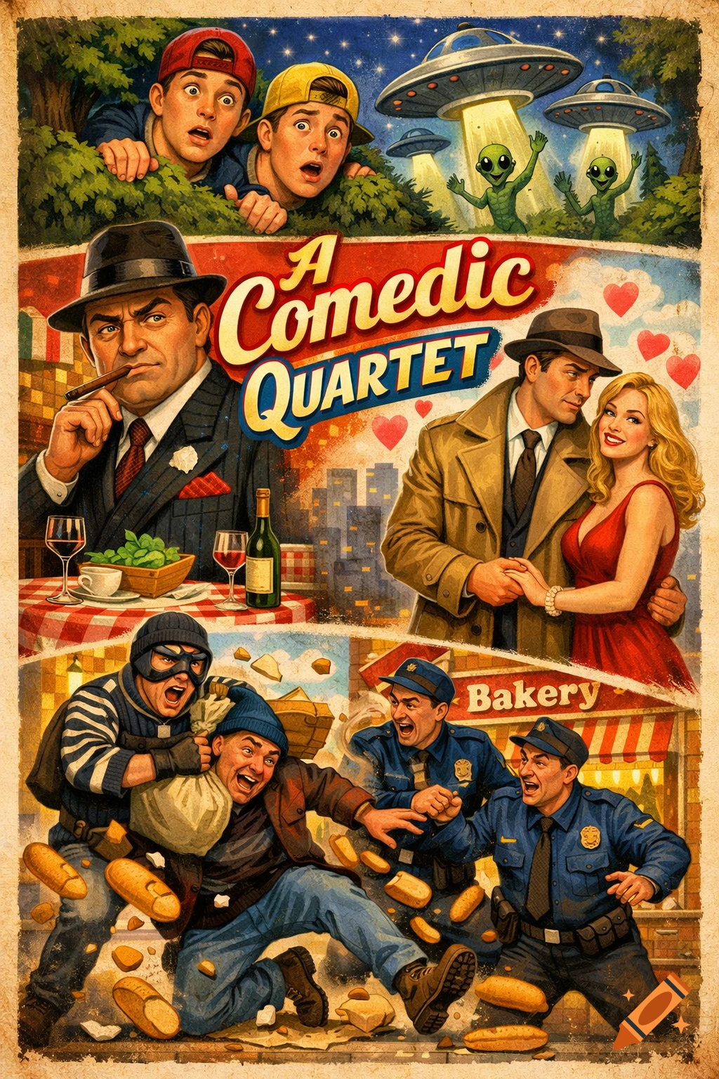 A retro-style poster for 'A Comedic QUARTET', showing four comedic scenes: mafia, detective romance, bakery robbery, and aliens with frat boys.